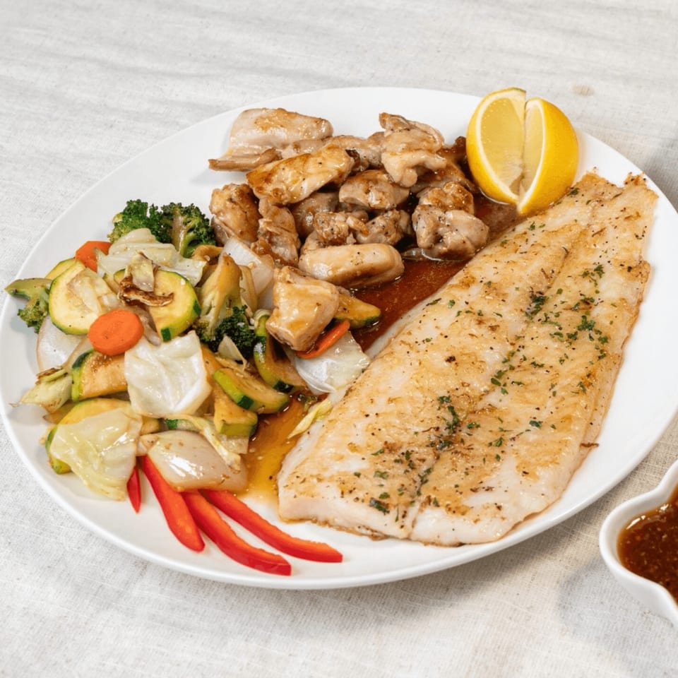 A white plate with grilled fish, chicken, mixed vegetables, and a lemon wedge.